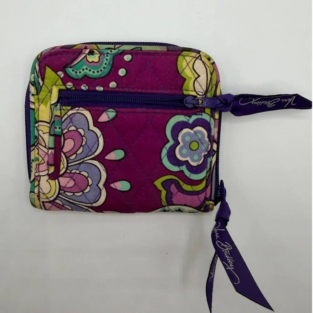 Vera Bradley Plum Crazy Quilted Zip Around Compact Wallet Purple Floral